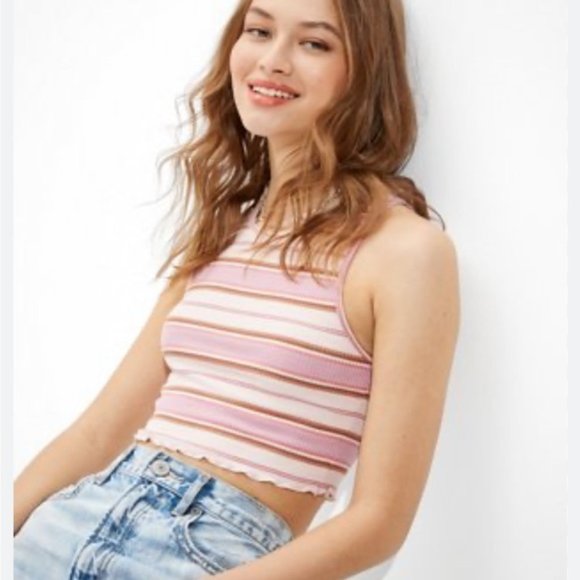 ☀️ 3/$15 American Eagle Soft & Sexy Rib AE Striped High-Neck Crop Tank Pink - Picture 1 of 6
